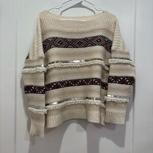 Mes Demoiselles Paris Sequin Fringe Fair Isle Knit Sweater Cream Boho S14934 1